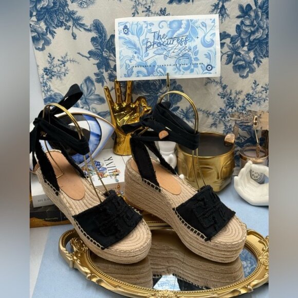 🆕 TORY BURCH 🧿 NWOB Ines Espadrille Wedge Sandal, 80 MM - Black - Sz US 7 - Picture 1 of 13
